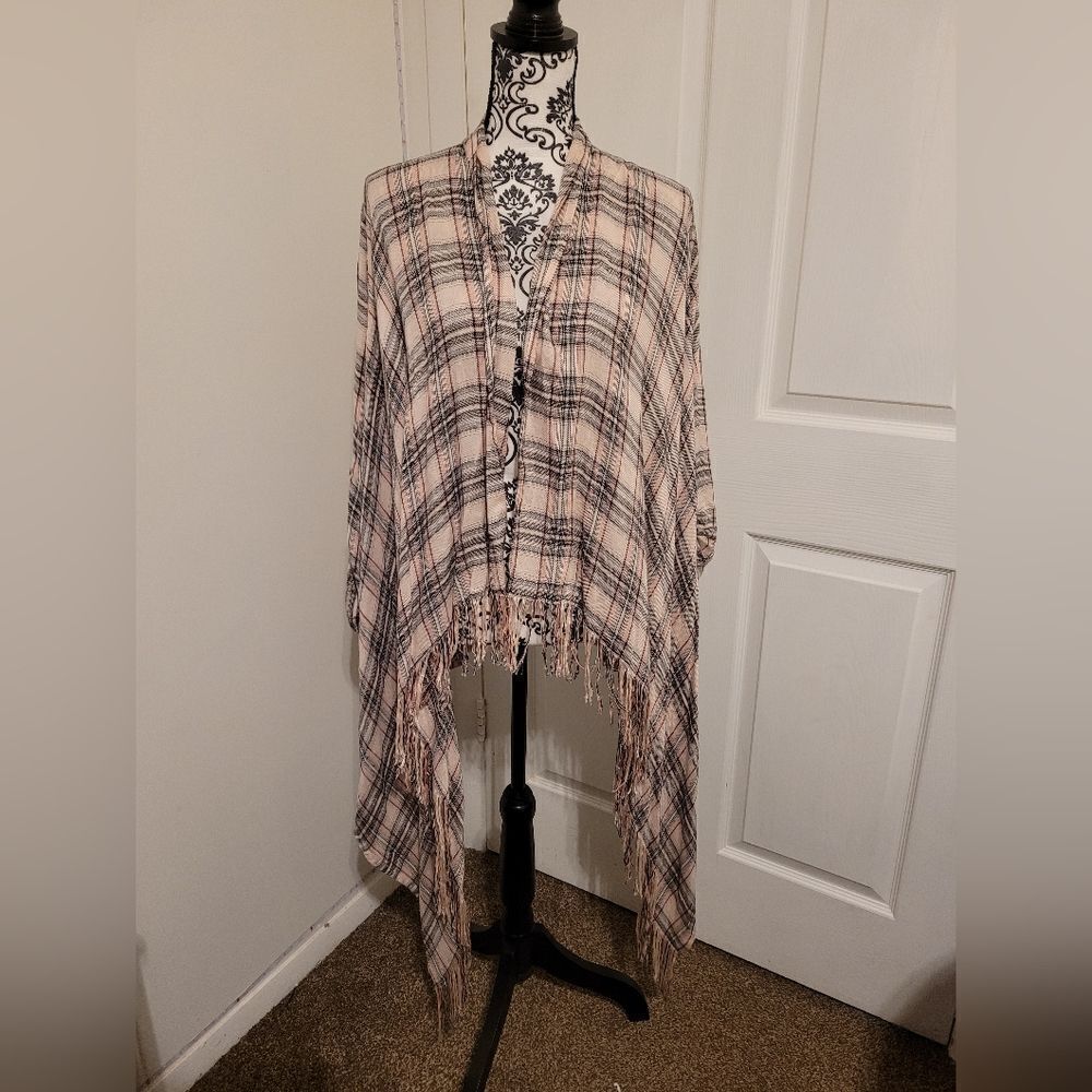 Dreamers Pink plaid open‎ front cardigan with tab sleeves